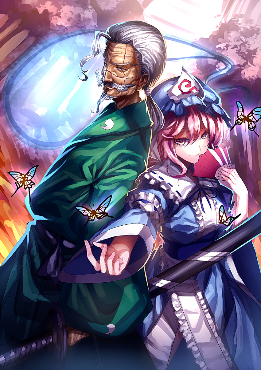 1boy 1girl absurdres arm_strap back-to-back beard blue_dress butterfly cherry_blossoms dress facial_hair fan folding_fan ghost green_eyes hat highres japanese_clothes katana konpaku_youki konpaku_youki_(ghost) long_sleeves looking_at_viewer mustache outstretched_arm outstretched_hand pigtail pink_eyes pink_hair saigyouji_yuyuko sash scar silver_hair smile sword touhou tree triangular_headpiece uu_uu_zan veil weapon wide_sleeves