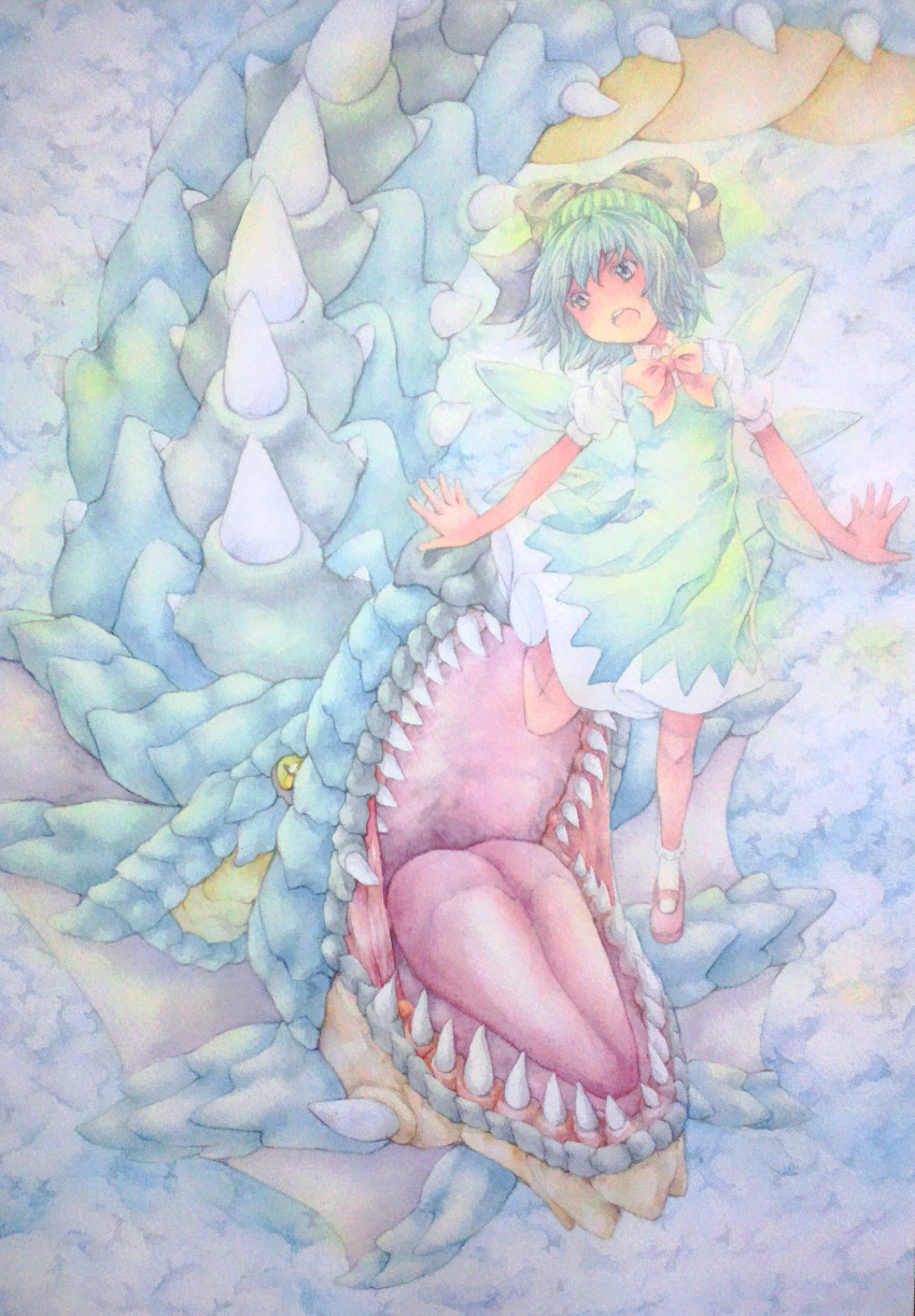 1girl absurdres acrylic_paint_(medium) blue_hair bow cirno dragon dress flying graphite_(medium) grey_eyes hair_bow highres ice ice_wings looking_back open_mouth teeth tongue touhou traditional_media watercolor_(medium) wings yellow_eyes yuyu_(00365676)
