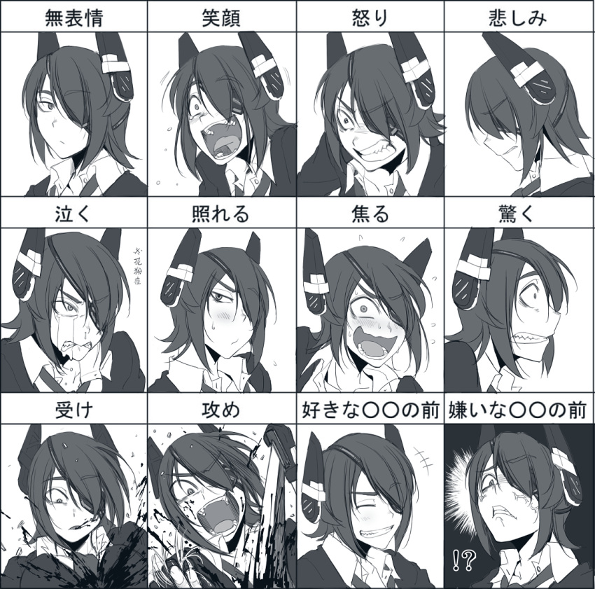 !? 1girl anger_vein blood blush clenched_teeth crying crying_with_eyes_open eyepatch grin hair_over_one_eye headgear hetza_(hellshock) kantai_collection laughing monochrome scared smile surprised sweatdrop sword tears tenryuu_(kantai_collection) translated wavy_mouth weapon