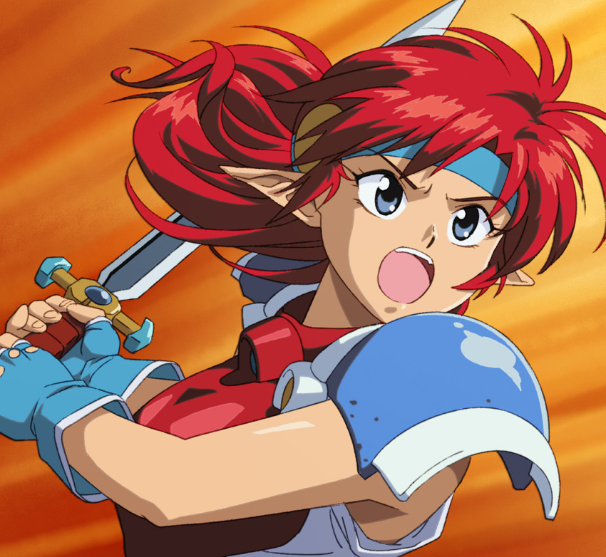 1girl 90s action armor blue_eyes breastplate bust fingerless_gloves gloves headband long_hair mail_(popful_mail) open_mouth pointy_ears popful_mail redhead solo spaulders sword teeth teritama weapon