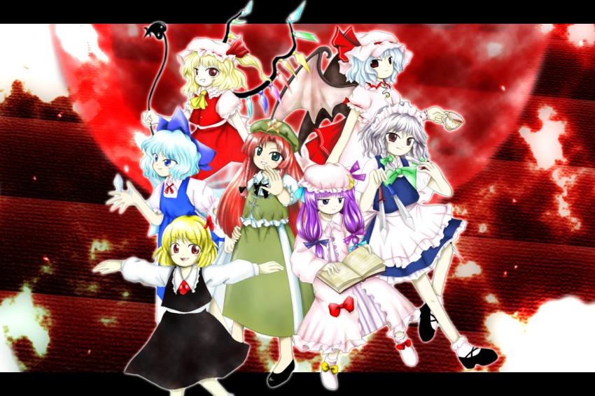 6+girls :d apron bat_wings blonde_hair blouse blue_eyes blue_hair book bow braid cirno cup dress flandre_scarlet frilled_dress frills green_eyes hair_bow hair_ribbon hat hat_ribbon hong_meiling izayoi_sakuya knife laevatein long_hair maid_apron maid_headdress mdnk mob_cap moon multiple_girls oota_jun'ya_(style) open_mouth orange_hair outstretched_arms patchouli_knowledge puffy_short_sleeves puffy_sleeves purple_hair reading red_eyes red_moon remilia_scarlet ribbon rumia short_hair short_sleeves silver_hair skirt smile spread_arms tea teacup the_embodiment_of_scarlet_devil touhou twin_braids vest violet_eyes wings