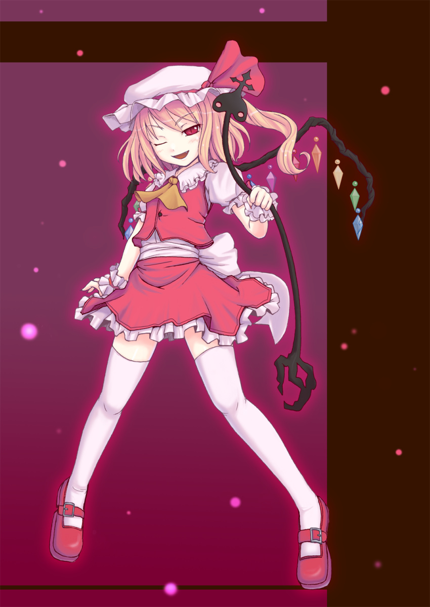 1girl ;d ascot blonde_hair fang flandre_scarlet frilled_skirt frills highres laevatein mob_cap neru_fia one_eye_closed open_mouth puffy_short_sleeves puffy_sleeves red_eyes short_hair short_sleeves side_ponytail skirt smile thigh-highs touhou vest white_legwear wings wink wrist_cuffs zettai_ryouiki