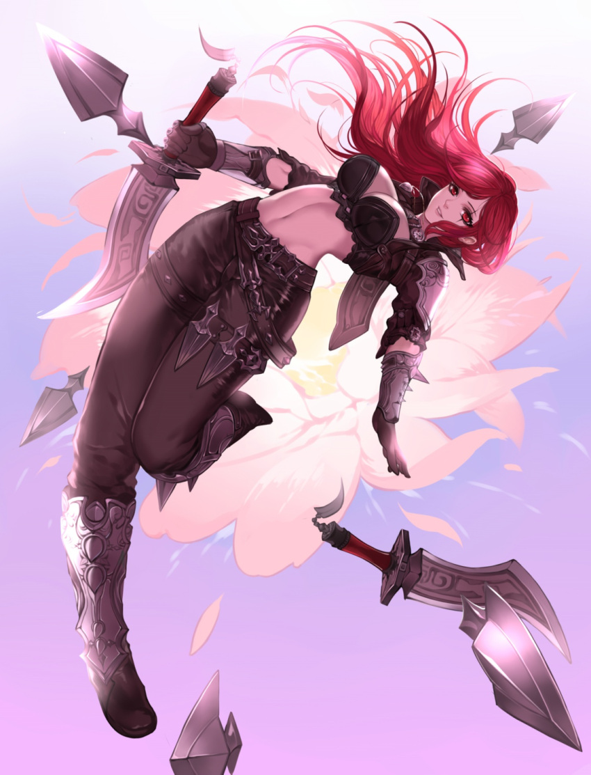 1girl belt black_pants breasts cleavage dagger flower gloves highres holding_weapon jacket katarina_du_couteau league_of_legends liuruoyu8888 long_hair looking_at_viewer midriff navel red_eyes redhead scar smile solo weapon