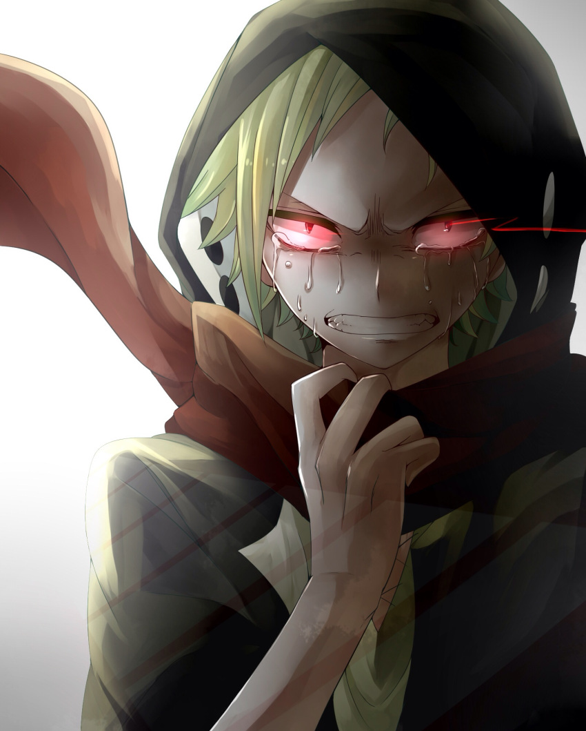 1boy angry blonde_hair clenched_teeth crying glowing glowing_eyes highres hoodie kagerou_project kano_shuuya looking_at_viewer red_eyes scarf short_hair solo tears