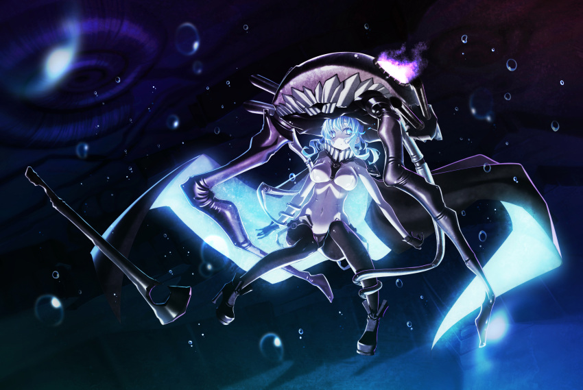 1girl absurdres ammonite blue_eyes bodysuit breasts bubble cape gloves glowing glowing_eyes highres kantai_collection long_hair pale_skin personification sakuya_tsuitachi shinkaisei-kan silver_hair solo wo-class_aircraft_carrier