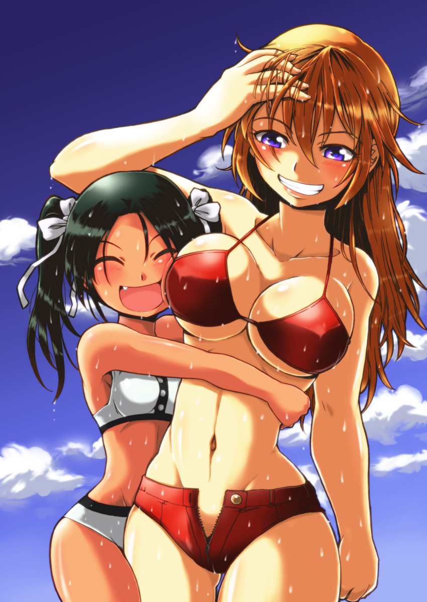 2girls bikini black_hair blue_eyes breasts charlotte_e_yeager closed_eyes fang francesca_lucchini grin hair_ribbon highres hug large_breasts midriff multiple_girls navel open_mouth orange_hair ribbon smile strike_witches swimsuit twintails unzipped wet zatou_(kirsakizato)