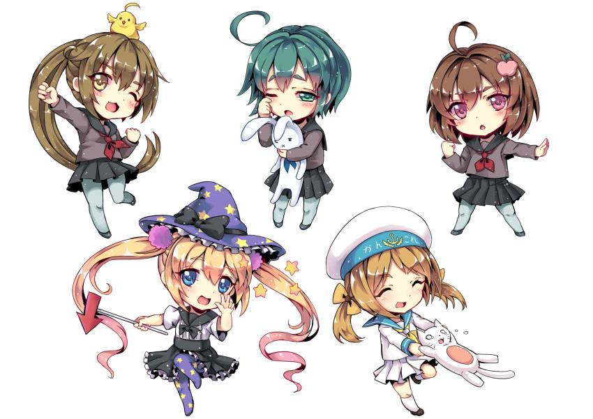5girls :d :x ;3 ;d ;o ^_^ absurdres aqua_eyes aqua_hair aqua_legwear blonde_hair blush_stickers brown_eyes brown_hair cha_(kantai_collection) chestnut_mouth chibi closed_eyes crying crying_with_eyes_open error_musume flying_sweatdrops girl_holding_a_cat_(kantai_collection) hat highres hiyoko_(kantai_collection) kantai_collection kneehighs long_hair long_sleeves looking_at_viewer majokko_(kantai_collection) midori_(kantai_collection) multiple_girls naval_uniform neckerchief north_abyssor one_eye_closed open_mouth pantyhose pleated_skirt ponytail print_legwear rashinban_musume red_eyes rubbing_eyes school_uniform serafuku short_hair short_sleeves skirt smile star_print stuffed_toy tears twintails v wand white_background wink witch_hat