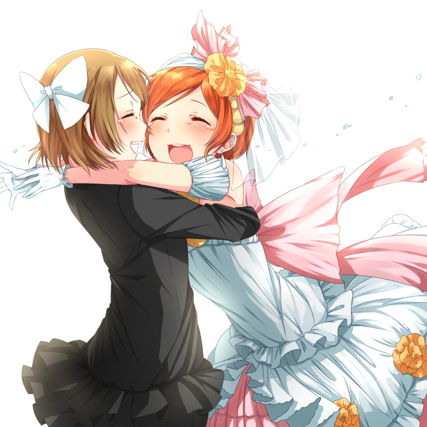 2girls :d ^_^ bare_shoulders black_skirt black_suit blush brown_hair closed_eyes dress earrings flower frilled_dress frills gloves hair_flower hair_ornament hair_ribbon highres hoshizora_rin hug jewelry koizumi_hanayo long_sleeves love_live!_school_idol_project multiple_girls open_mouth orange_hair pants_under_skirt ribbon short_hair simple_background skirt sleeveless smile tearing_up umeno_(shio1205) veil wedding_dress white_background white_dress white_gloves white_ribbon