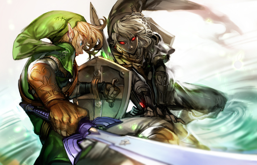 blonde_hair blue_eyes charcoalo dark_link dual_persona earrings gloves grey_hair hat jewelry link nintendo ocarina_of_time pointy_ears red_eyes shield smile sword the_legend_of_zelda weapon