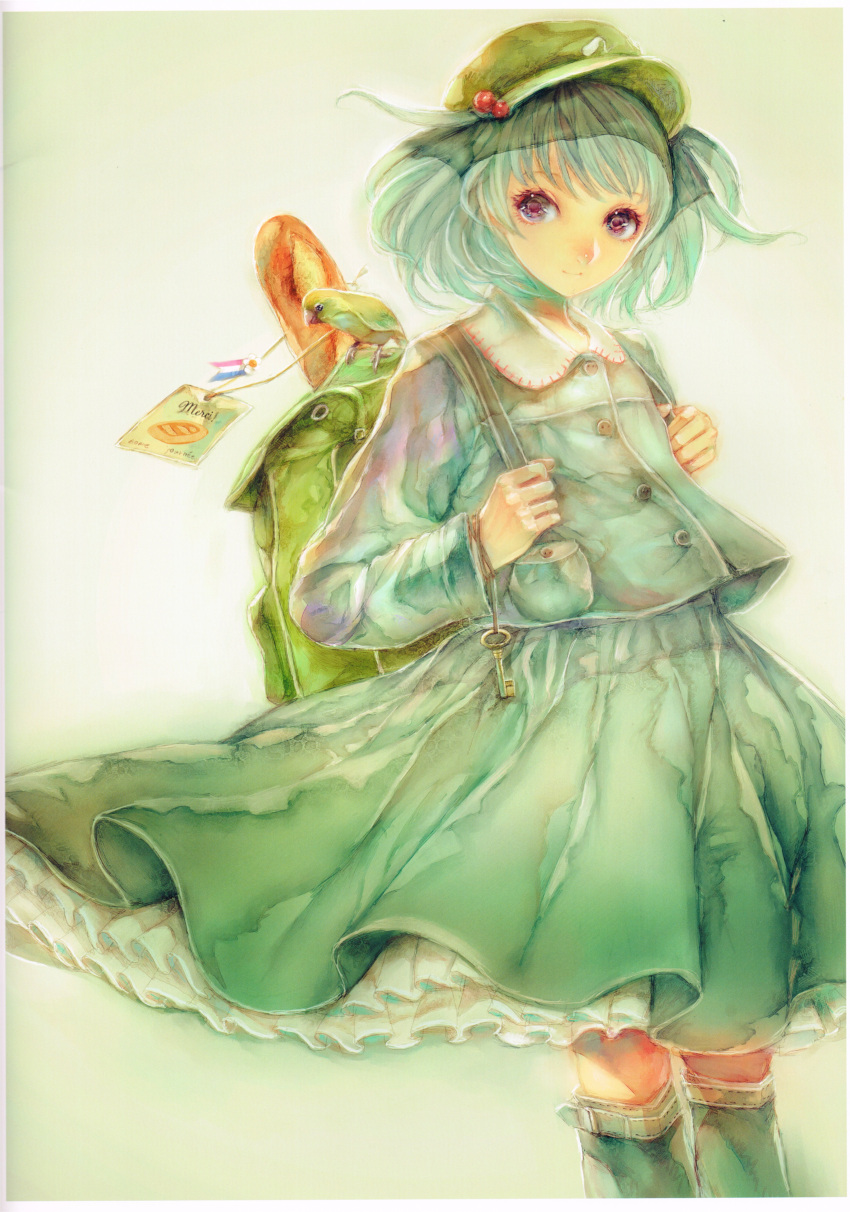 1girl absurdres animal backpack bag bird blue_eyes blue_hair boots bread food french frilled_skirt frills hair_bobbles hair_ornament hat highres kawashiro_nitori key long_sleeves looking_at_viewer rubber_boots scan shirt short_hair simple_background skirt skirt_set smile solo touhou twintails vest yogisya