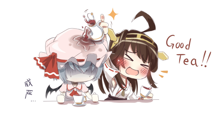 &gt;_&lt; 2girls ahoge bare_shoulders blue_hair blush brown_hair crossover cup detached_sleeves english hairband hat headgear highres japanese_clothes kantai_collection kongou_(kantai_collection) long_hair long_sleeves multiple_girls nontraditional_miko open_mouth pouring remilia_scarlet ribbon_trim shaded_face short_hair sweat tc1995 tea teacup teapot touhou trait_connection translated white_background wide_sleeves