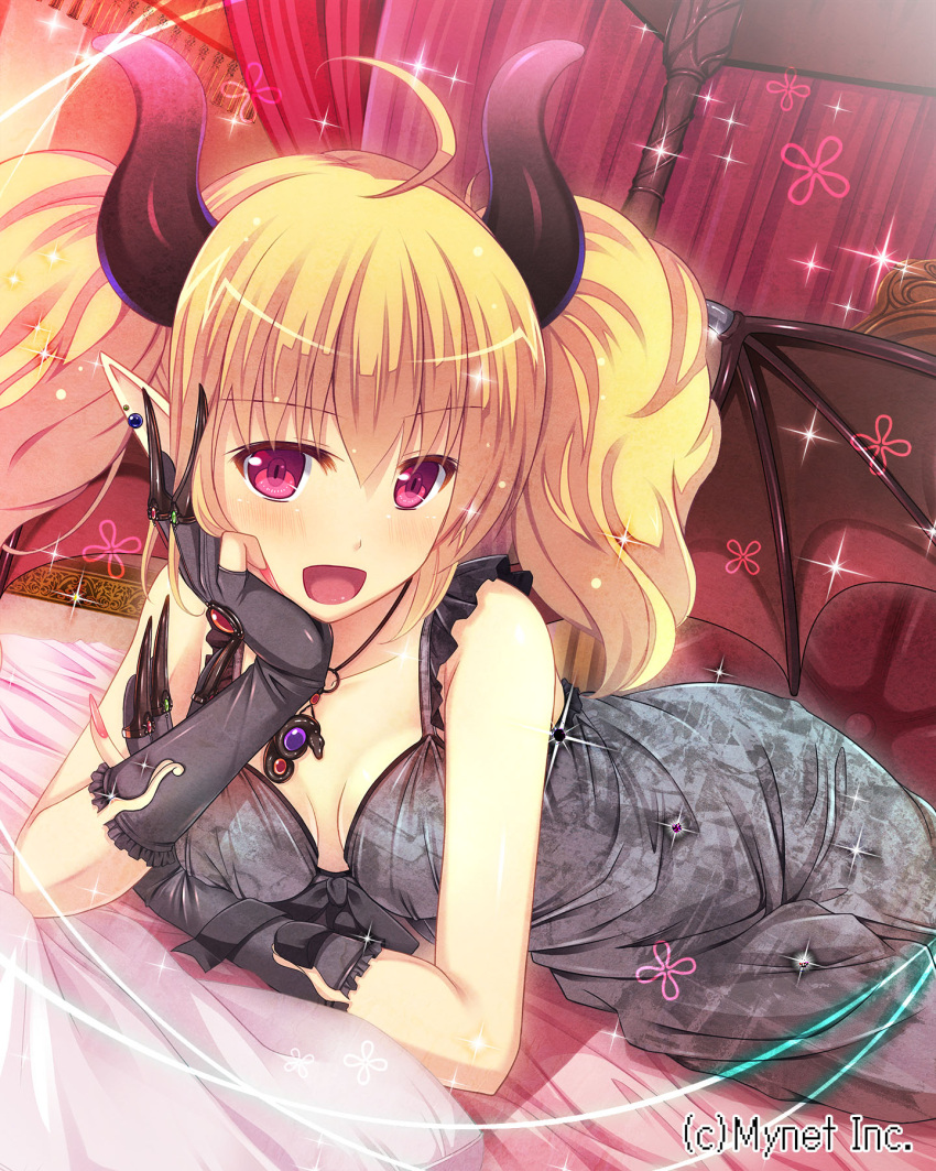 1girl :d angelmaster bed blonde_hair blush breasts demon_girl demon_horns demon_wings hand_on_own_cheek highres horns kazumasa looking_at_viewer lying official_art on_side open_mouth pointy_ears smile solo twintails violet_eyes wings