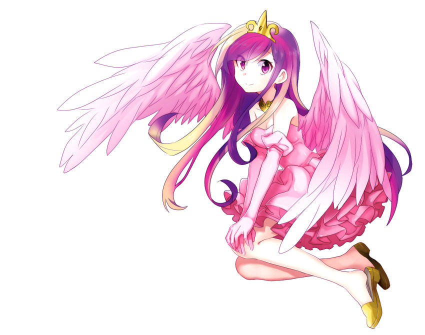 1girl crown dress feathered_wings gloves long_hair looking_at_viewer megarexetera multicolored_hair my_little_pony my_little_pony_friendship_is_magic personification pink_dress pink_gloves princess_mi_amore_cadenza shoe_dangle shoes smile solo strapless_dress violet_eyes white_background wings
