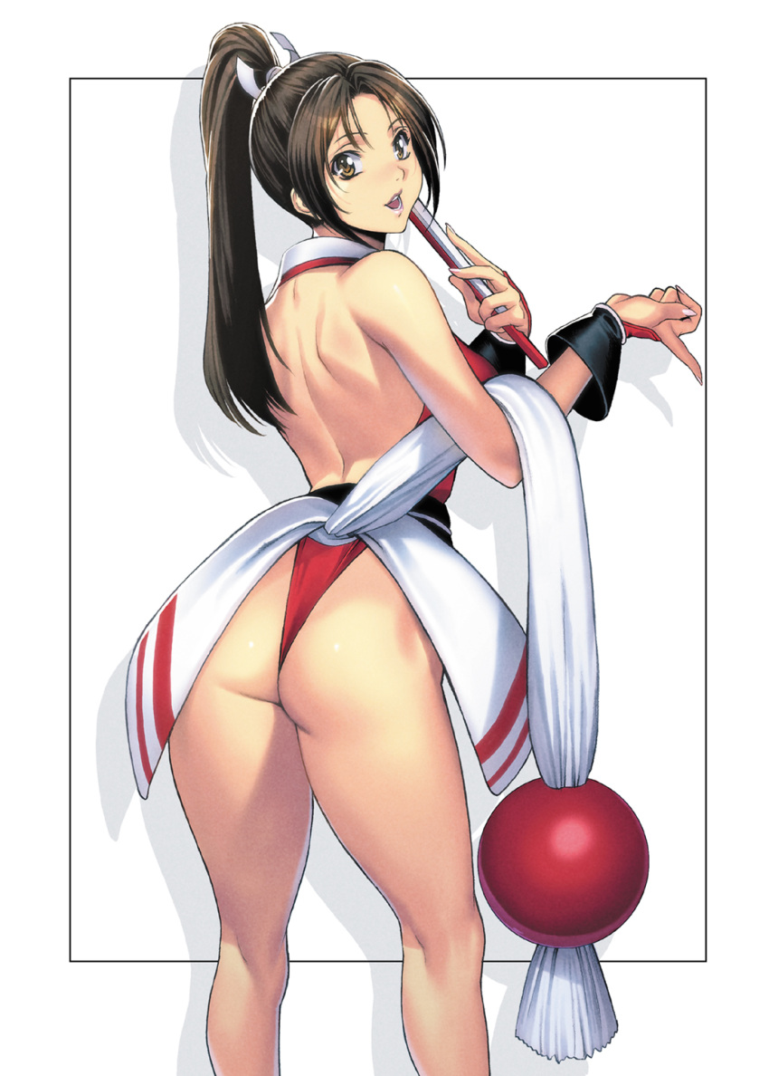 1girl ass back bangs bare_back breasts bridal_gauntlets brown_eyes brown_hair fatal_fury from_behind frown hair_ribbon hand_on_hip high_ponytail highres homare_(fool's_art) japanese_clothes king_of_fighters kneepits large_breasts legs long_hair looking_at_viewer ninja panties ponytail red_panties ribbon sash shiranui_mai simple_background smile solo standing thighs thong underwear
