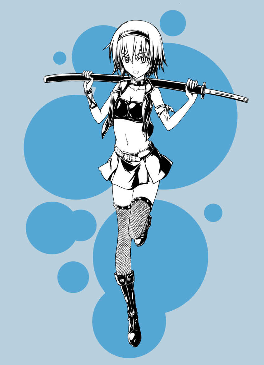 1girl collar fish.boy highres looking_at_viewer monochrome navel short_hair solo spiked_collar spikes sword weapon