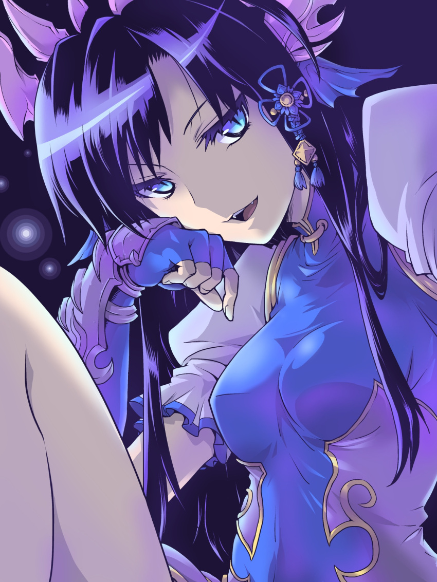 1girl black_hair blue_eyes china_dress chinese_clothes fingerless_gloves gloves hair_ornament hairpin head_fins highres horns ishiyumi karin_(p&amp;d) long_hair open_mouth puzzle_&amp;_dragons