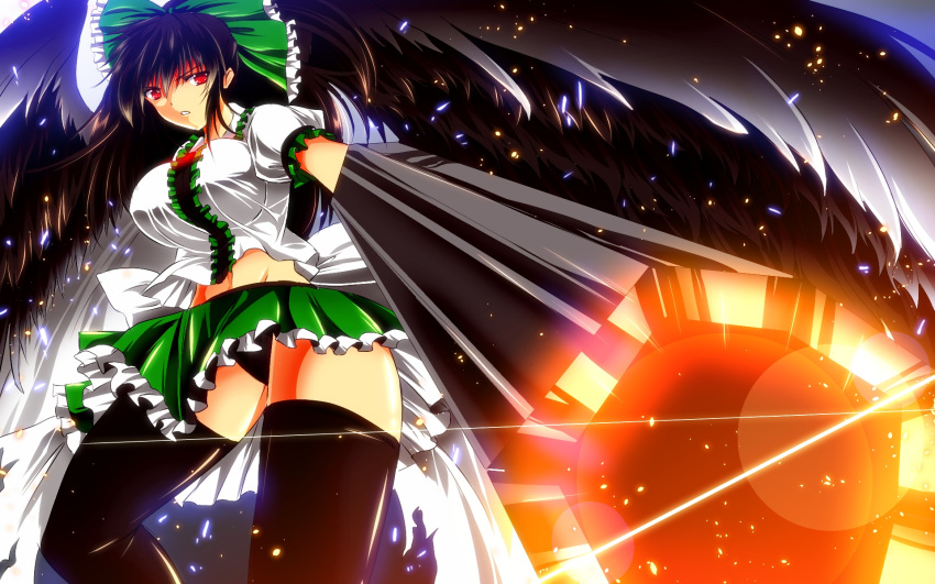 1girl aiming_at_viewer arm_cannon bird_wings black_hair black_legwear black_panties bow breasts cape error glowing hair_bow highres large_breasts light_particles light_trail looking_at_viewer midriff miniskirt nekominase panties parted_lips puffy_short_sleeves puffy_sleeves red_eyes reiuji_utsuho short_sleeves skirt solo thigh-highs third_eye touhou underwear weapon