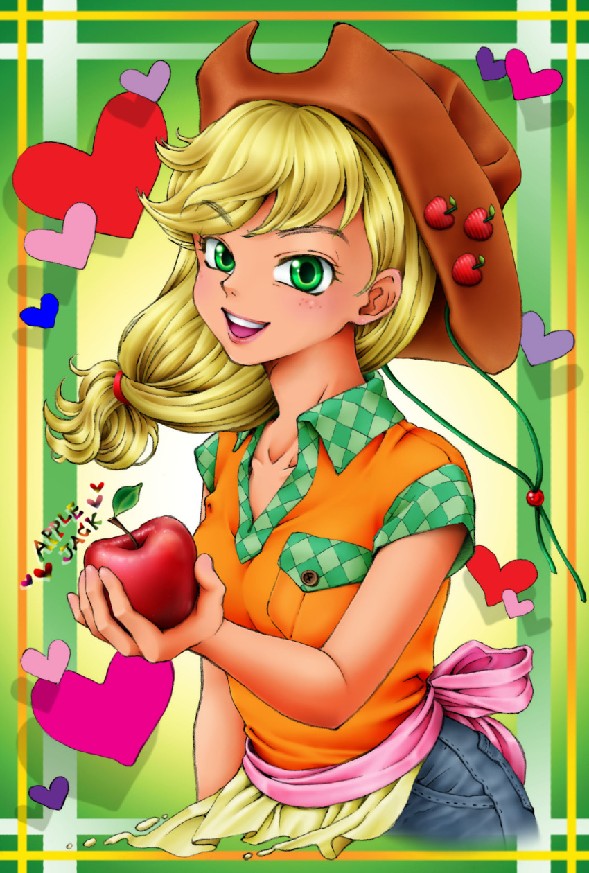 1girl :d apple applejack argyle arinko_(sugolife) blonde_hair character_name cowboy_hat denim food food_themed_clothes freckles fruit green_background green_eyes hat heart highres holding jeans long_hair looking_at_viewer my_little_pony my_little_pony_friendship_is_magic open_mouth personification shirt smile solo