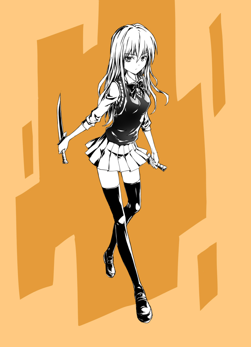 1girl fish.boy highres long_hair looking_at_viewer monochrome school_uniform solo sword weapon