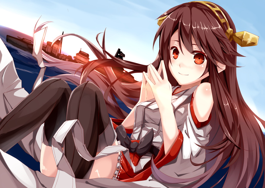 1girl bare_shoulders black_hair black_legwear breasts brown_eyes brown_hair cannon dawndusk detached_sleeves hair_ornament hairband hairclip haruna_(kantai_collection) japanese_clothes kantai_collection long_hair nontraditional_miko personification ship skirt solo sunlight thigh-highs turret water