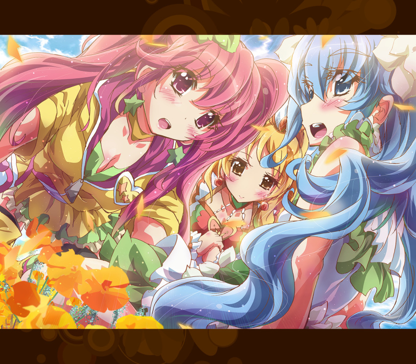 3girls aino_megumi alternate_form alternate_hairstyle blonde_hair blue_eyes blue_hair blush breasts choker cleavage coconut_samba cure_honey cure_lovely cure_princess flower happinesscharge_precure! highres inoshishi_(ikatomo) letterboxed lollipop_hip_hop long_hair macadamia_hula_dance multiple_girls oomori_yuuko open_mouth petals pink_eyes pink_hair precure shirayuki_hime smile twintails yellow_eyes