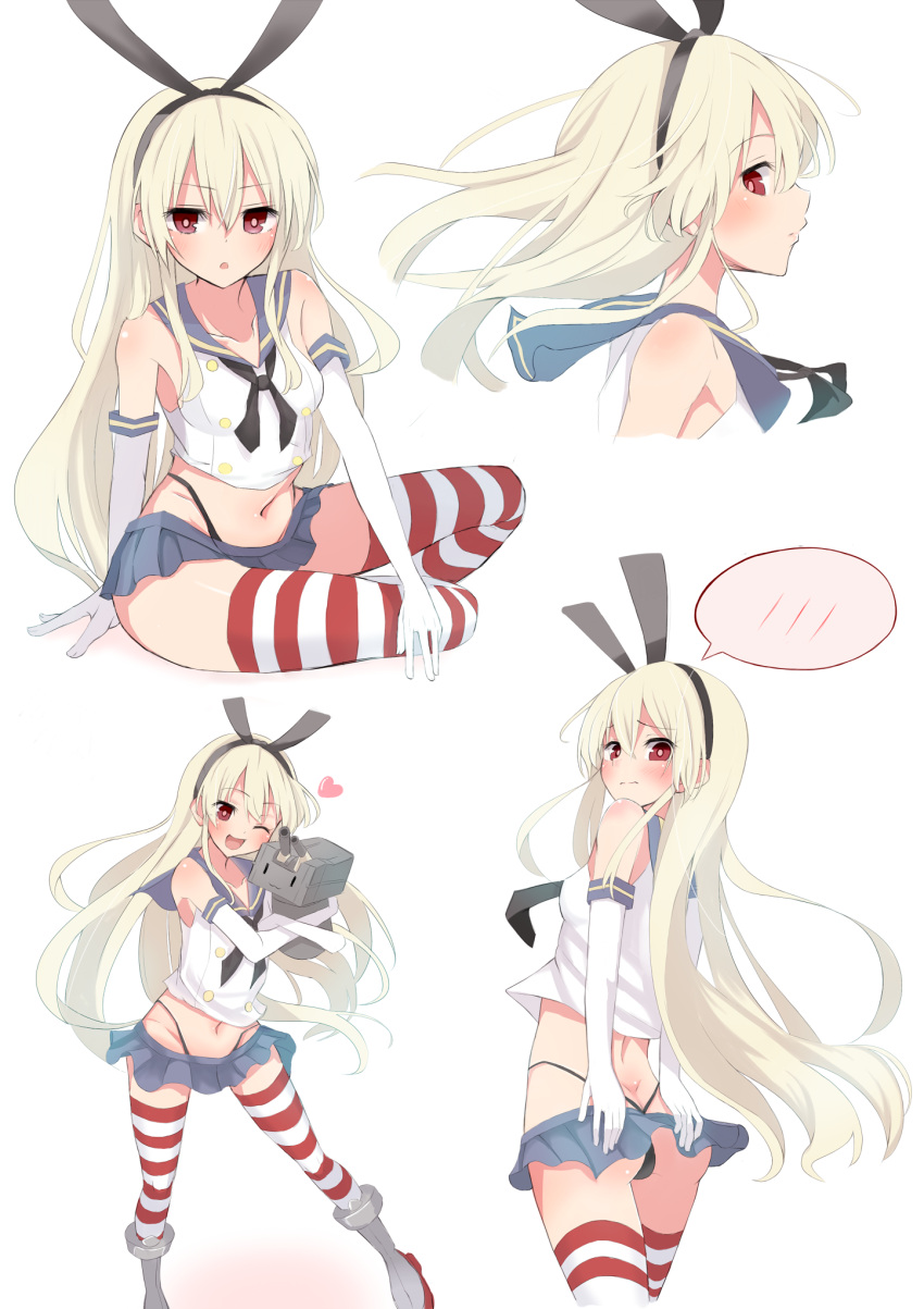 1girl blonde_hair breasts cure_slum elbow_gloves gloves heart highres hug kantai_collection long_hair looking_at_viewer panties personification red_eyes rensouhou-chan shimakaze_(kantai_collection) skirt solo spoken_blush striped striped_legwear thighhighs underwear |_|