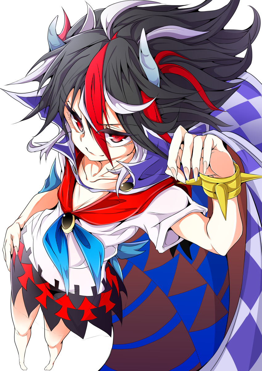 1girl absurdres baba_(pixiv3422465) bangle black_hair bow bracelet breasts brooch cape checkered cleavage directional_arrow foreshortening highres horns jewelry kijin_seija looking_at_viewer multicolored_hair red_eyes redhead short_hair short_sleeves simple_background smile solo spiked_bracelet spikes streaked_hair touhou white_background white_hair