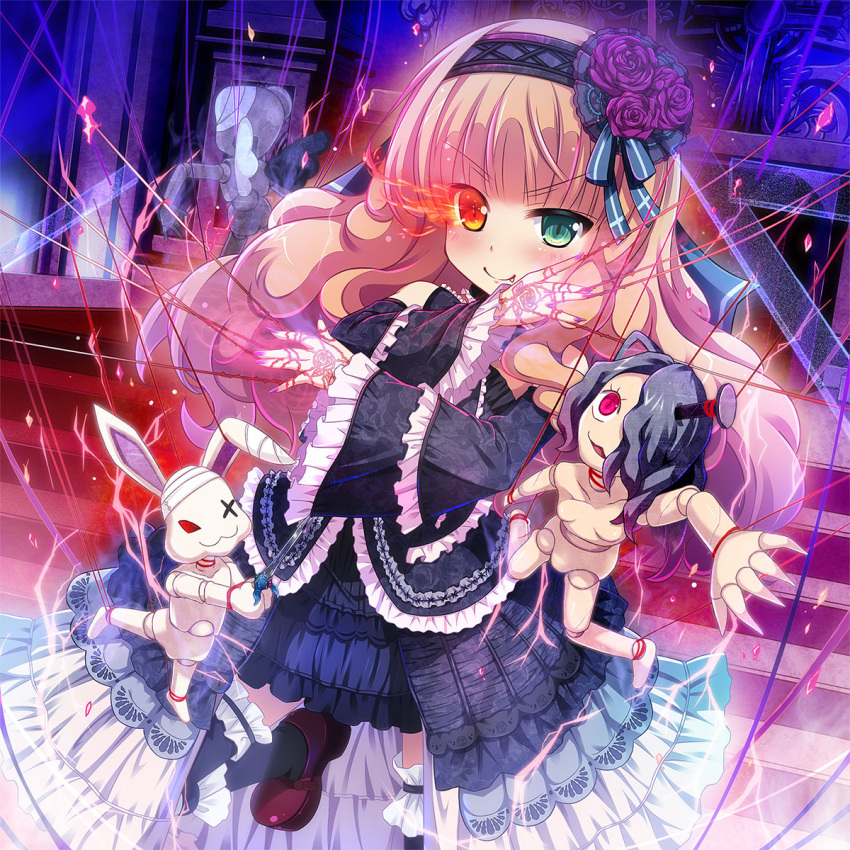 &gt;:) 1girl blue_eyes blush brown_hair fang fang_out flaming_eye gothic_lolita heterochromia highres himedatsu!_dungeons_lord kazumasa lolita_fashion long_hair looking_at_viewer puppet puppet_strings red_eyes smile solo