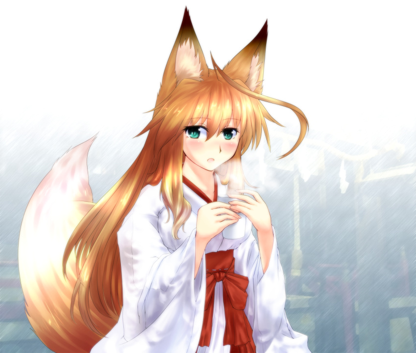 1girl :o ahoge animal_ears aqua_eyes blonde_hair cup fox_ears fox_tail hakama haori highres japanese_clothes long_hair miko original sakuragi_rian steam tail teacup