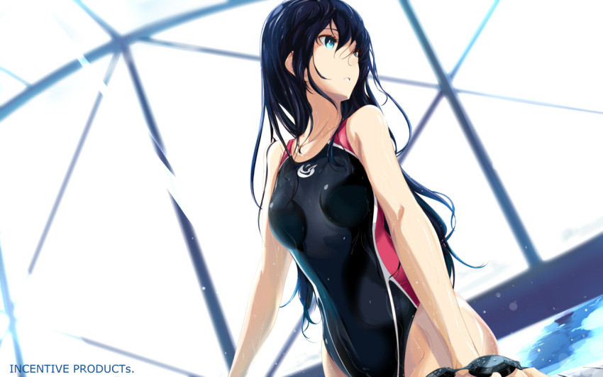 1girl black_hair blue_eyes competition_swimsuit goggles goggles_removed maccyon one-piece_swimsuit original pool swimsuit wet