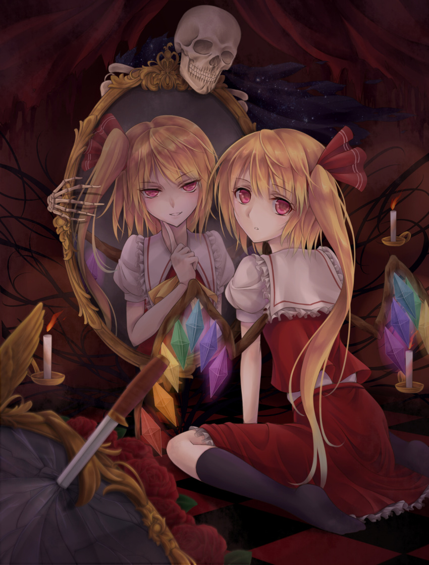 1girl arm_support black_legwear blonde_hair blurry broken_mirror candle candlestand checkered checkered_floor depth_of_field different_reflection finger_to_face flame flandre_scarlet flower from_behind grin hair_ribbon highres indoors kirieroido_iii kneehighs knife looking_at_viewer looking_over_shoulder mirror no_hat no_shoes planted_knife planted_weapon red_background red_eyes red_rose reflection ribbon rose short_hair short_sleeves side_ponytail sitting skeleton skirt skirt_set skull slit_pupils smile solo touhou wariza weapon wings
