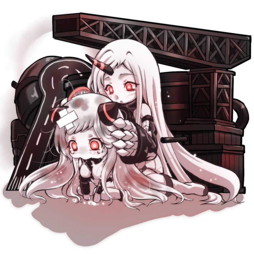 2girls airfield_hime albino bandaid blush claws crying dress highres horn horns kantai_collection long_hair long_sleeves multiple_girls open_mouth personification red_eyes seaport_hime shinkaisei-kan tsukineko white_dress white_hair white_skin