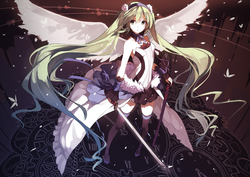 1girl 7th_dragon_2020 absurdly_long_hair butterfly caidychen green_hair hairband hatsune_miku katana long_hair looking_at_viewer sheath skirt solo sword twintails very_long_hair vocaloid weapon white_wings wings