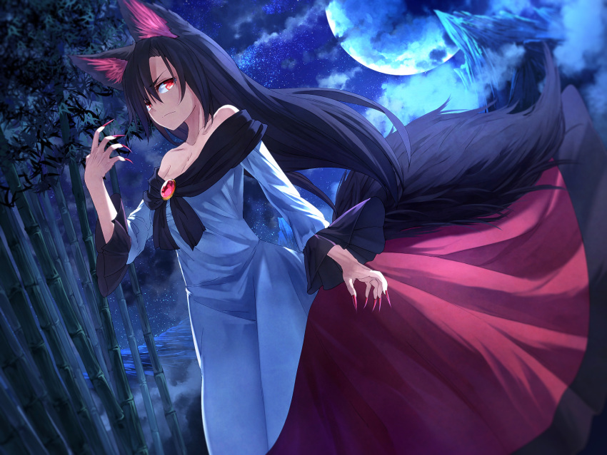 1girl animal_ears bamboo bamboo_forest bare_shoulders black_legwear breasts brooch cleavage clouds fingernails forest full_moon highres ibuki_notsu imaizumi_kagerou jewelry long_fingernails long_sleeves looking_at_viewer moon nature night off_shoulder red_eyes shirt skirt sky solo star_(sky) starry_sky tail touhou wide_sleeves wolf_ears wolf_tail