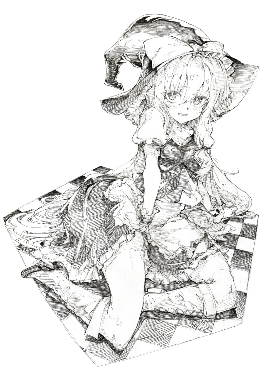 1girl absurdres alternate_hair_length alternate_hairstyle apron braid dress graphite_(medium) hat highres kirisame_marisa long_hair looking_at_viewer monochrome open_mouth oshake puffy_sleeves shirt short_sleeves single_braid sitting solo tile_floor tiles touhou traditional_media very_long_hair waist_apron witch_hat wrist_cuffs