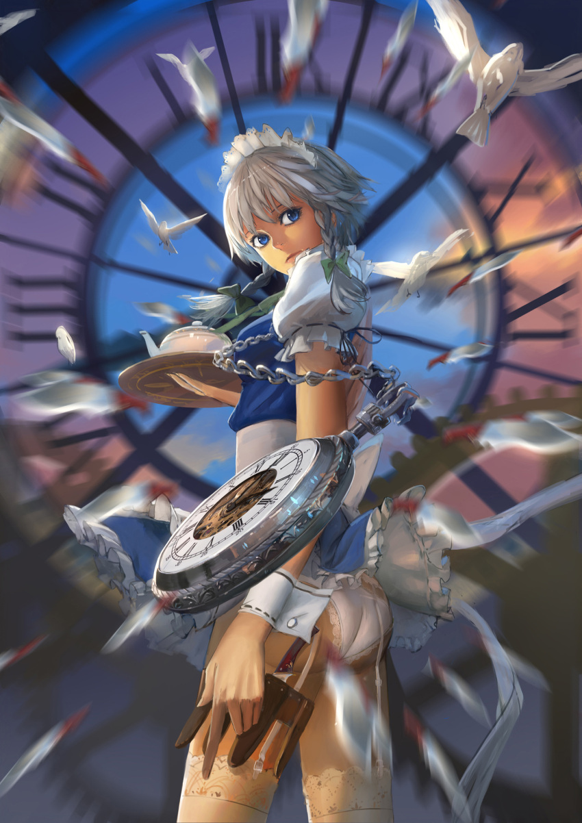 1girl aiming_at_viewer apron ass bird blue_dress blue_eyes blurry braid clock depth_of_field dove dress garter_straps highres holster izayoi_sakuya jeanex knife lace lace-trimmed_panties lace-trimmed_thighhighs looking_at_viewer maid maid_headdress panties pantyshot pantyshot_(standing) pocket_watch puffy_sleeves shirt short_sleeves silver_hair solo standing teapot thigh-highs thigh_holster throwing_knife touhou tray twin_braids underwear upskirt waist_apron watch white_legwear white_panties wind_lift wrist_cuffs