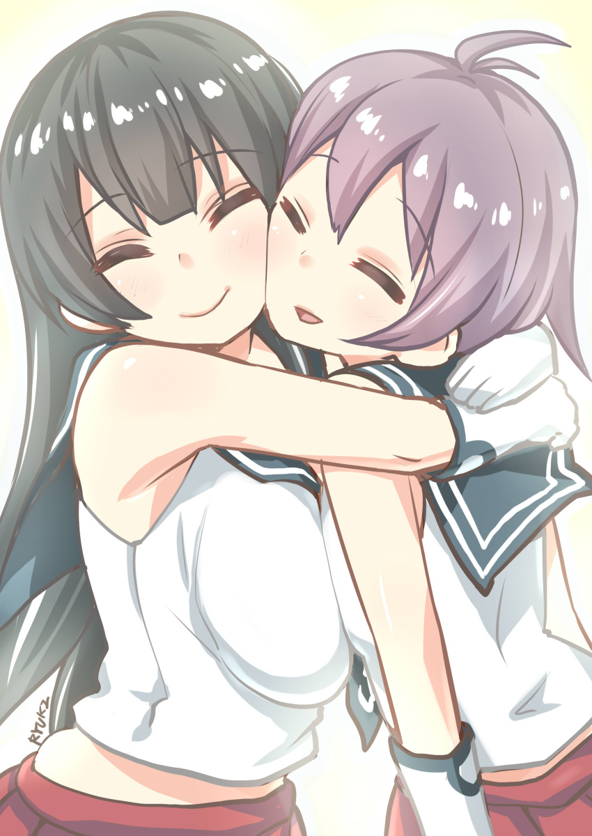 2girls ^_^ absurdres agano_(kantai_collection) asymmetrical_docking bare_shoulders black_hair breast_press breasts cheek-to-cheek closed_eyes gloves highres hug kantai_collection large_breasts long_hair multiple_girls neckerchief open_mouth purple_hair ryuki_(ryukisukune) sakawa_(kantai_collection) short_hair skirt smile white_gloves