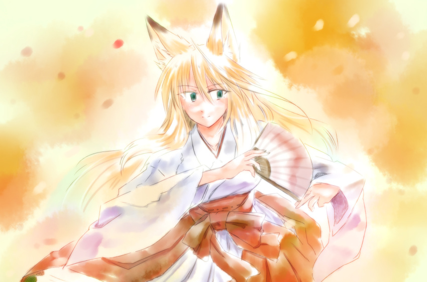 1girl ahoge animal_ears aqua_eyes blonde_hair fan folding_fan fox_ears fox_tail hakama haori highres japanese_clothes long_hair miko original rough sakuragi_rian smile tail