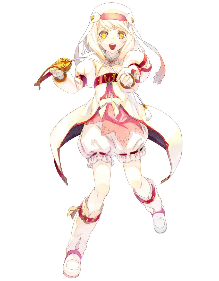 1girl :d alice_(tales) blonde_hair bloomers boots coat daigo_okumura highres knee_boots official_art open_mouth rapier short_hair smile solo sword tales_of_(series) tales_of_symphonia tales_of_symphonia_knight_of_ratatosk underwear veil weapon white_background yellow_eyes