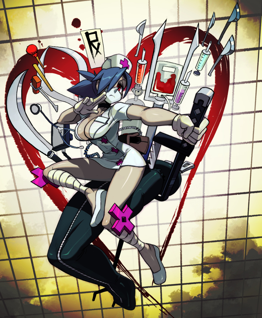 +_+ 1girl alex_ahad bandages blood blue_hair body_bag breasts cleavage dress fighting_stance gloves hair_over_one_eye hat heart highres intravenous_drip large_breasts mask nurse nurse_cap official_art red_eyes revision saw scalpel short_dress skullgirls solo stethoscope sword symbol-shaped_pupils syringe valentine_(skullgirls) weapon