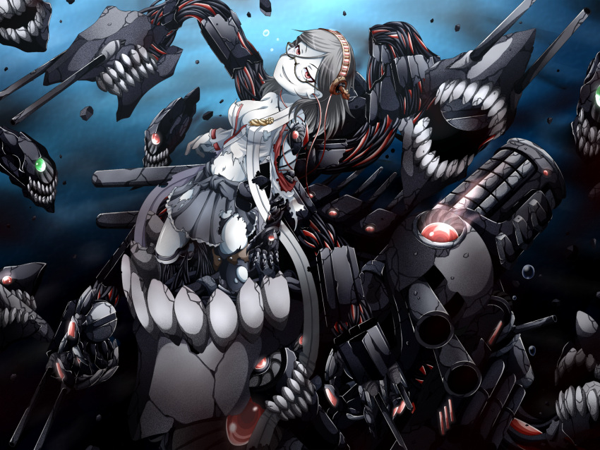 1girl bare_shoulders black_hair breasts corruption cyborg dark_persona detached_sleeves glasses ha-class_destroyer hairband highres japanese_clothes kantai_collection kirishima_(kantai_collection) nontraditional_miko ogawa-syou pale_skin red_eyes shinkaisei-kan short_hair skirt smile solo