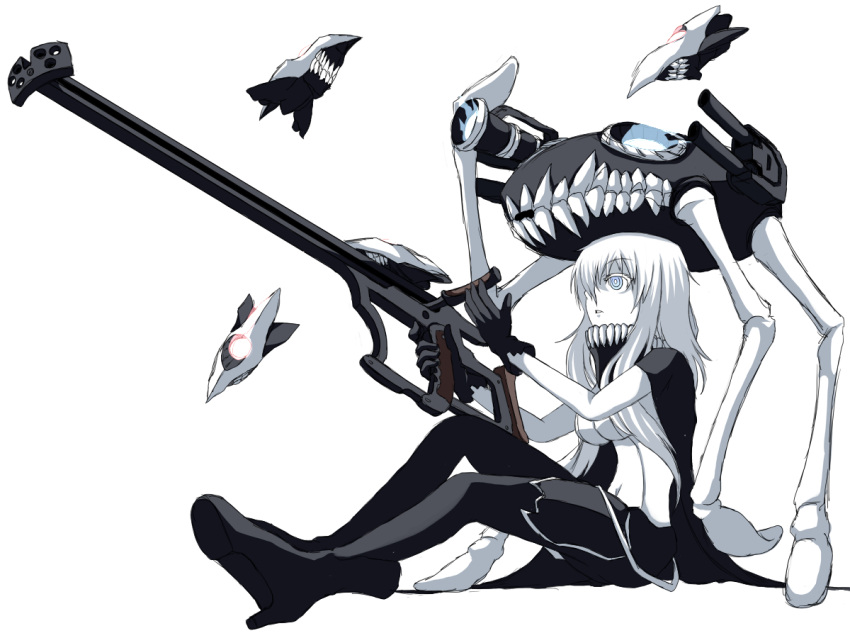 1girl blue_eyes bodysuit cape gloves glowing glowing_eyes gun kantai_collection long_hair ogawa-syou pale_skin personification rifle rough shinkaisei-kan silver_hair sniper_rifle solo weapon white_background wo-class_aircraft_carrier