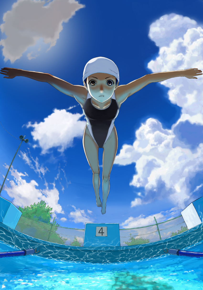 1girl brown_eyes brown_hair clouds competition_swimsuit highres holding_breath kaku_choushi lane_line looking_at_viewer one-piece_swimsuit original pool sky solo swim_cap swimsuit