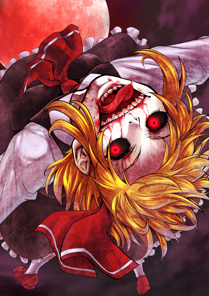 beady_eyes black_dress black_sclera blonde_hair blood blood_in_mouth blood_on_face creepy dress flying glowing glowing_eyes hair_ribbon highres long_sleeves looking_at_viewer moon necktie night night_sky open_mouth red_eyes red_moon red_shoes ribbon rumia sharp_teeth shirt shoes short_hair sky smile socks teeth tongue tongue_out touhou upside-down waiz009