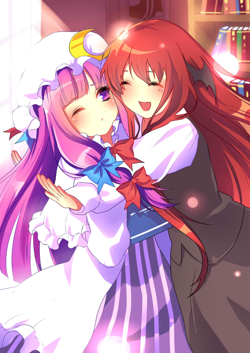 2girls :d ;&lt; ^_^ absurdres bat_wings bookshelf closed_eyes crescent_hair_ornament double_bun dress dress_shirt etm_(75220988) frills frown hair_ornament hat hat_ribbon head_to_head head_wings highres hug indoors koakuma light_particles long_hair long_sleeves looking_at_another mob_cap mole multiple_girls one_eye_closed open_mouth outstretched_arms patchouli_knowledge purple_hair redhead ribbon robe shirt skirt skirt_set smile striped striped_dress touhou vest violet_eyes white_shirt wings wink