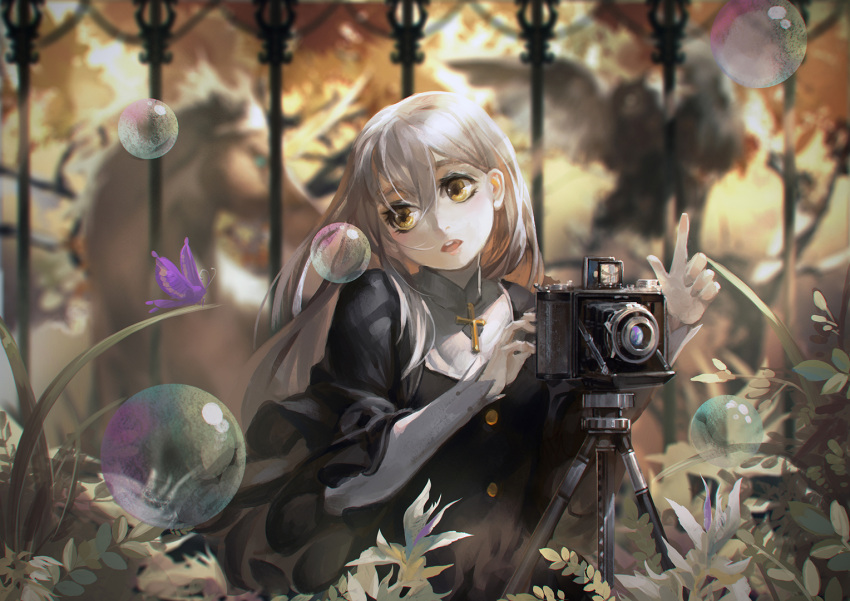 alcd bird bubble butterfly camera cross fence horse long_hair looking_back nun original plant pointing pointing_up puffy_sleeves silver_hair tripod yellow_eyes