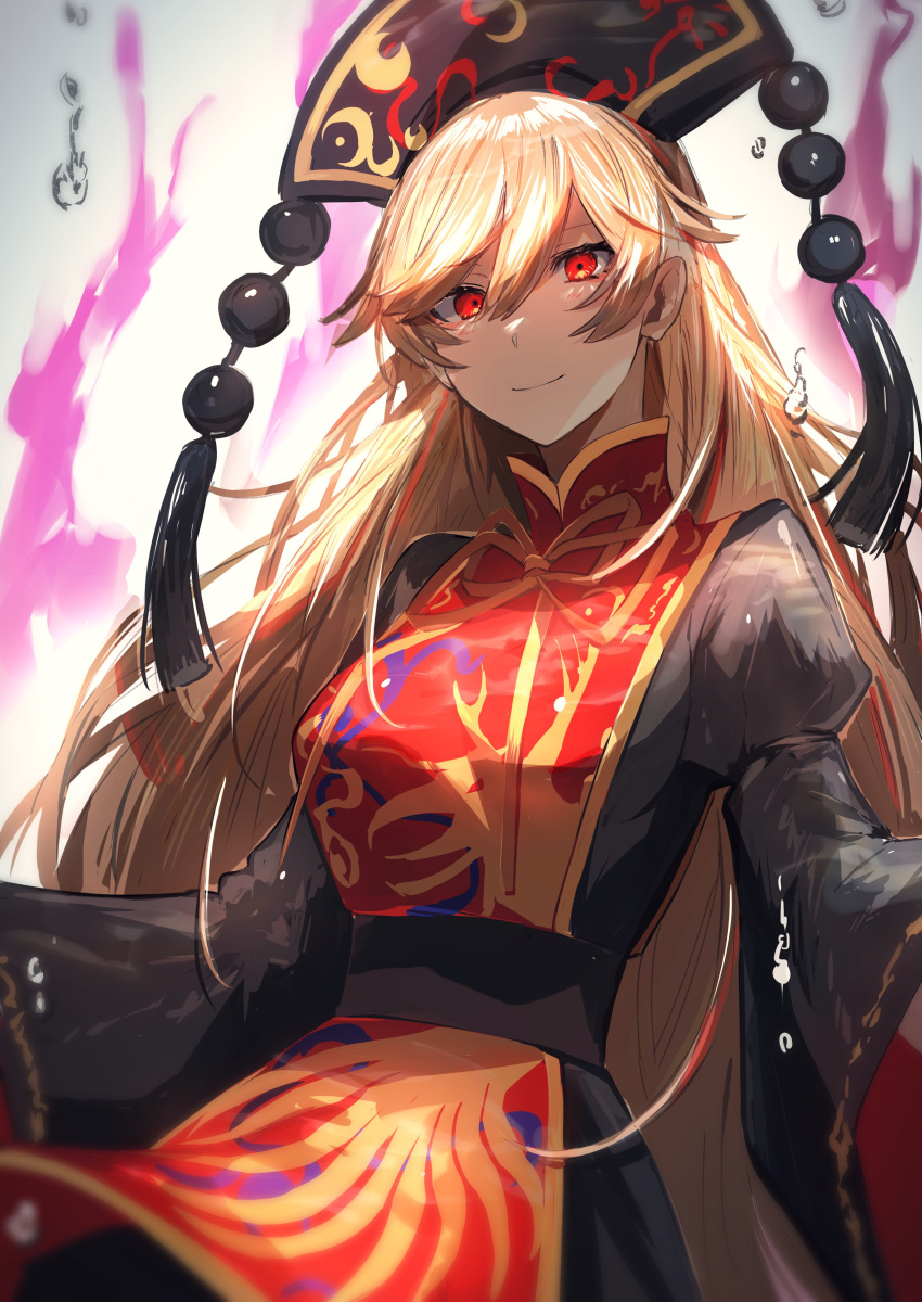 1girl absurdres black_dress blonde_hair commentary_request cowboy_shot dress fire flame gold_trim grey_background hair_between_eyes headdress highres ikasoba juliet_sleeves junko_(touhou) long_hair long_sleeves looking_at_viewer puffy_sleeves red_eyes simple_background smile solo tabard tassel touhou very_long_hair