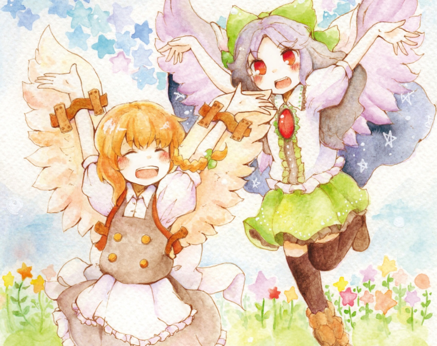2girls apron arms_up black_hair black_legwear black_skirt blonde_hair blush bow braid brown_shoes cape closed_eyes fake_wings fang flower gradient_hair grass green_bow green_skirt hair_bow kirisame_marisa kneehighs leg_up loafers long_hair looking_at_another multicolored_hair multiple_girls no_hat open_mouth puffy_short_sleeves puffy_sleeves red_eyes reiuji_utsuho shiro_tsugumi shoes short_hair short_sleeves side_braid skirt sky star touhou traditional_media vest waist_apron watercolor_(medium) white_hair white_wings wings