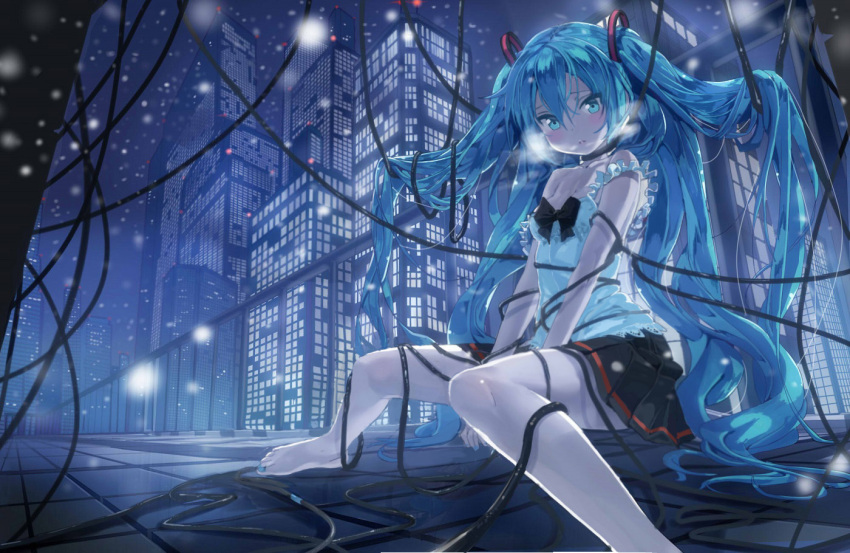 1girl bare_arms bare_shoulders barefoot blue_eyes blue_hair bow breasts building cable chemise city_lights cleavage entangled hair_ornament hatsune_miku long_hair looking_at_viewer night off_shoulder pleated_skirt revision shirt sitting skirt skyscraper solo tile_floor tiles twintails very_long_hair vocaloid yonggi