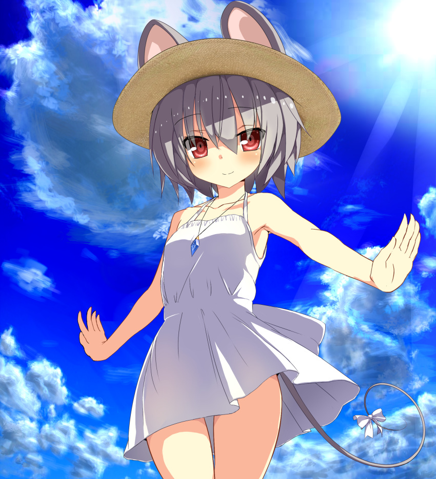 1girl 5240mosu alternate_costume animal_ears bare_shoulders blue_sky blush capelet clouds cloudy_sky dress grey_hair hat highres jewelry mouse_ears mouse_tail nazrin pendant petite red_eyes short_hair sky smile solo sun_hat sundress sunlight tail tail_bow touhou